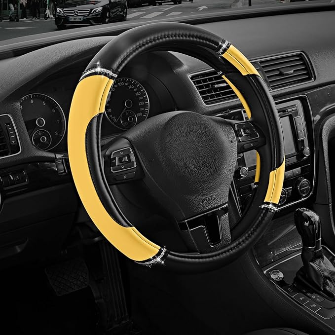 Road Comforts Leather Steering Wheel Cover - Made with PVC Leather - Anti-Slip, Universal Fit 14 1/2 inches to 15 inches - Yellow