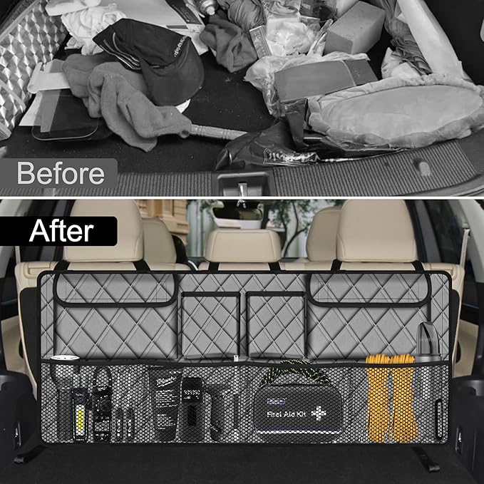 Femuar Car Trunk Organizer, Large Capacity Backseat Trunk Organizer (42"*18"), Collapsible Car Storage Bag with 8 Pockets, SUV/MPV/Truck - Grey