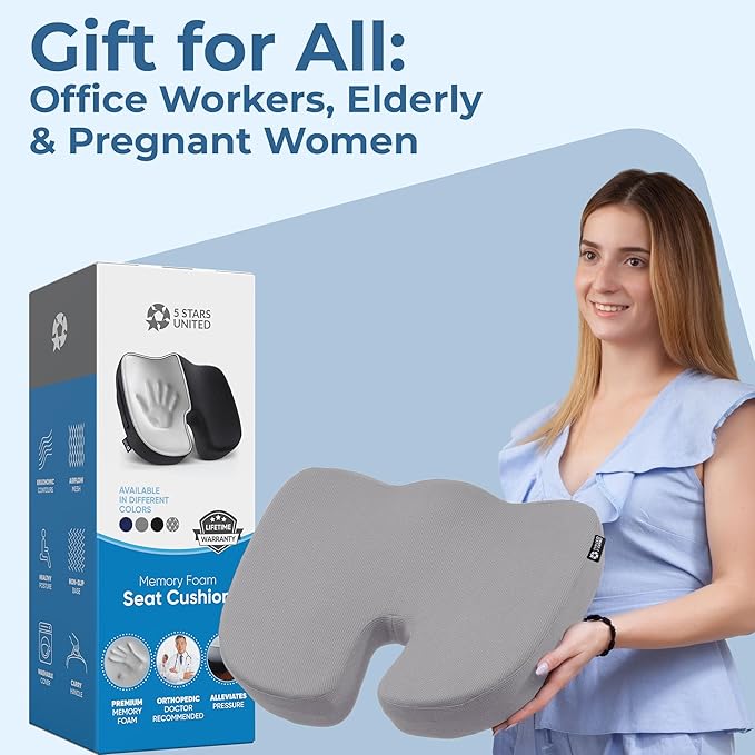 5 STARS UNITED Seat Cushion for Tailbone Pain Relief ā Large Memory Foam Cushion for Coccyx, Hip, Sciatica & Post-Surgery Recovery ā Wheelchair, Car, Desk, Gaming & Office Chairs, Light Gray