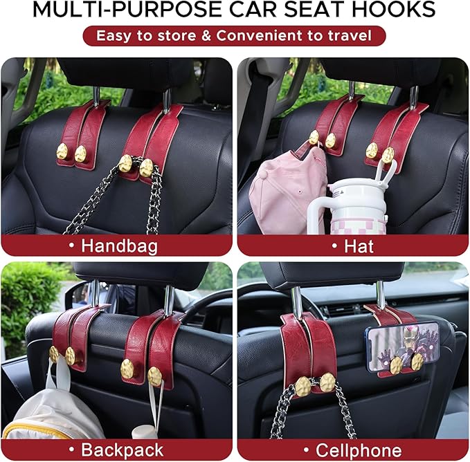 4 PCS Leather Car Seat Hooks for Headrest, Vehicle Hanger Storage Organizer Universal for Handbag Purse, Car Accessories Gift (Red-Gold-4 PCS)
