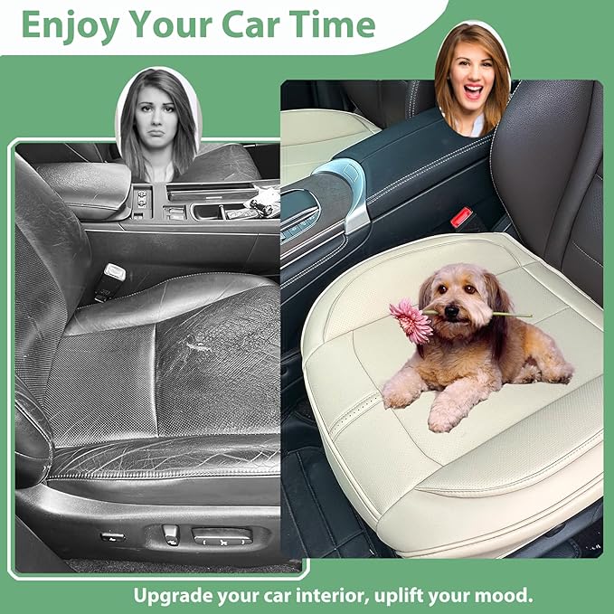 2 Pack Leather Front Car Seat Cover Bottom Only, Anti-slip Padded Seat Cushion, Full Wrap Seat Protector with Storage Function Universal Fit for Most Cars, SUV, Pick-up Trucks (Light Beige)