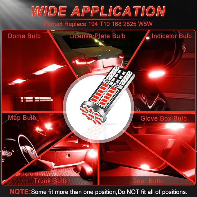 10Pcs Super Bright 194 T10 168 2825 W5W 34-SMD 3014 Chipsets Replacement LED Bulb for Car Trunk Interior Dome Map Door Courtesy License Plate Lights - Brilliant Red