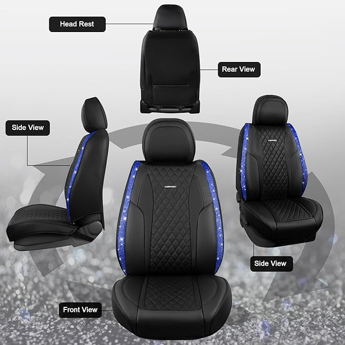 CAR PASS Nappa Leather seat Covers Bling Diamond Car Seat Covers Full Set Universal Cushioned, Waterproof Heavy-Duty Anti-Slip Luxury, Fit for SUV Sedan,Sparkly Glitter Women Crystal Blue Rhinestone