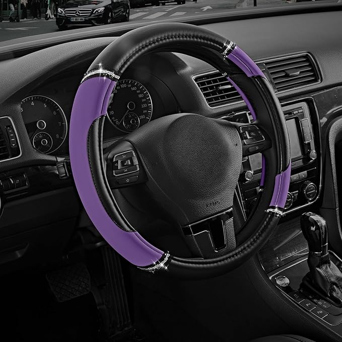 Road Comforts Leather Steering Wheel Cover - Made with PVC Leather - Anti-Slip, Universal Fit 14 1/2 inches to 15 inches - Purple