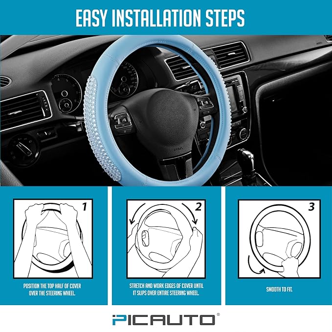 PIC AUTO Steering Wheel Cover, Glitter Gel Particles & Blue Luxury Leather Car Steering Cover, Universal Fit 14.5"-15.5" Anti-Slip Car Wheels Cover for Girls & Women