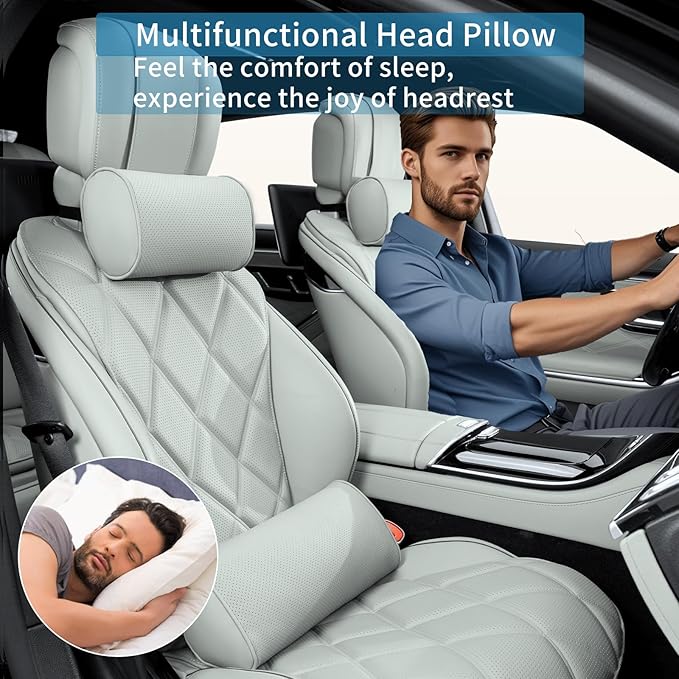 Car Headrest Pillow for Driving - Luxury Leather 100% Memory Foam, Ergonomic Neck Support - Universal Fit Head Rest Travel Pillow for Most Cars, Home & Office, Gray, 2 Pack