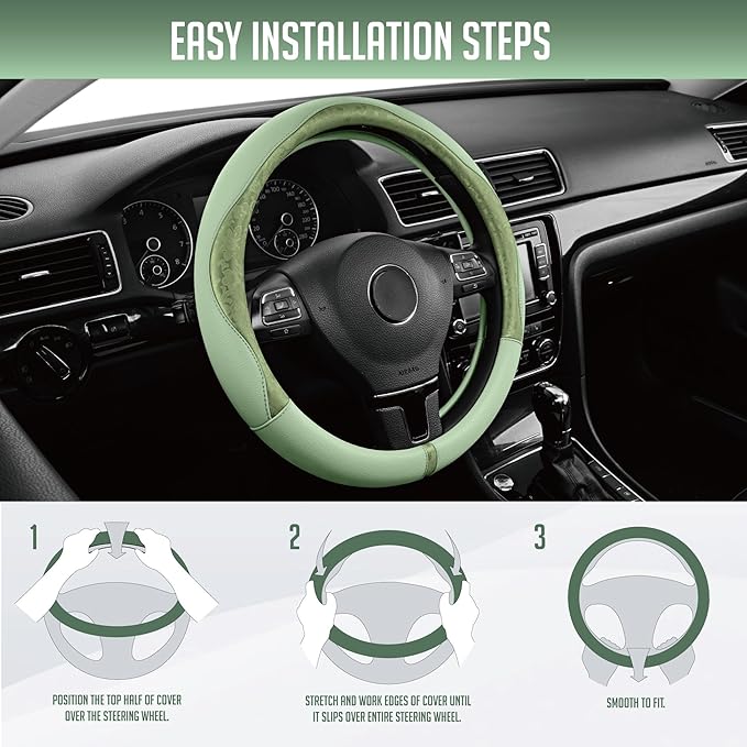 PIC AUTO Steering Wheel Cover, Green Patterned Leather Patchwork Design, Universal Fit 14.5"–15.5", Anti-Slip, Odor-Free, Soft PU Grain Leather, Durable Grip Car Accessory for Girls & Women