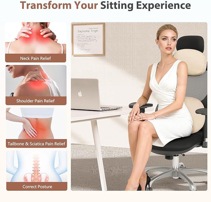 FLORICH Double-sided Car Headrest & Lumbar Support Cushion Skin-friendly Suede & Leather Car Seat Pillow and Back Support Soft Neck & Tailbone Cushion for Car Office Chair Neck Back Pain Relief, Beige