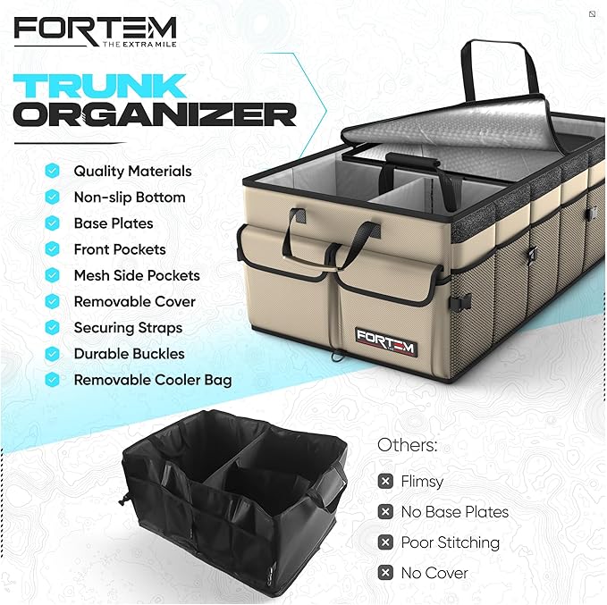 FORTEM Trunk Organizer with Cooler For SUV Car Trunk, Foldable Storage, Car Accessories for Women Men, Collapsible Bag, Perfect Christmas Gifts, 600D Oxford, Non Slip Bottom, Straps, Soft Cover (105L)