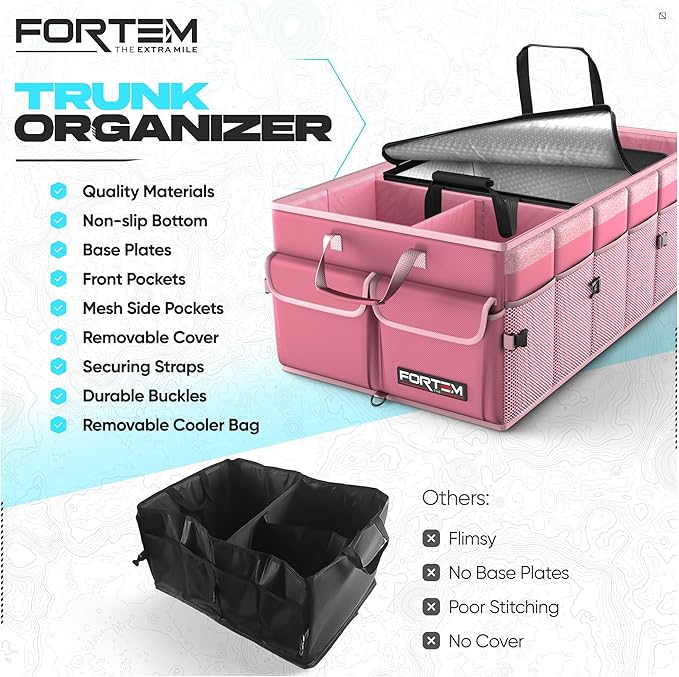 FORTEM Trunk Organizer with Cooler For SUV Car Trunk, Foldable Storage, Car Accessories for Women Men, Collapsible Bag, Perfect Christmas Gifts, 600D Oxford, Non Slip Bottom, Straps, Soft Cover (105L)