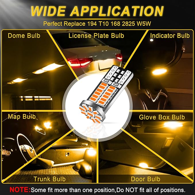 10Pcs Super Bright 194 T10 168 2825 W5W 34-SMD 3014 Chipsets Replacement LED Bulb for Car Trunk Interior Dome Map Door Courtesy License Plate Lights - Amber Yellow