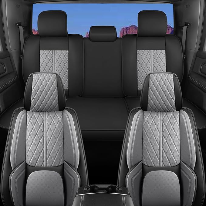 Car Seat Cover Custom Fit for Ford F150 2009-2026 Faux Leather Seat Cover Set Compatible with Regular Cab Super Cab Super Crew Pickup Truck Cushions (Black & Grey, Front Seat)