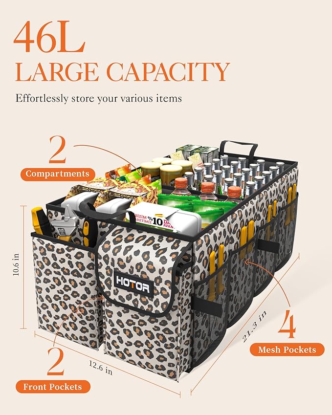 HOTOR Trunk Organizer - Car Organizer, Foldable Trunk organizer for SUVs & Sedans, Sturdy Car Organization for Car Accessories, Tools, Sundries, Brown Leopard, 2 Compartments, 21.3"×12.6"×10.6"
