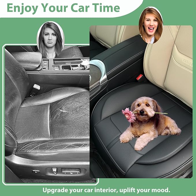 2 Pack Leather Front Car Seat Cover Bottom Only, Anti-Slip Padded Seat Cushion, Full Wrap Seat Protector with Storage Function Universal Fit for Most Cars, SUV, Pick-up Trucks (Black)