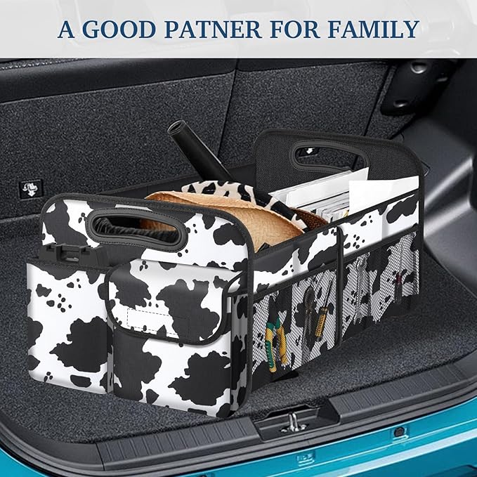 Femuar Car Trunk Organizer, Cow Print, Vintage Style, 52L Capacity, 4 Compartments, Waterproof, Non-Slip, Collapsible, 22.5"D x 18"W x 10.8"H