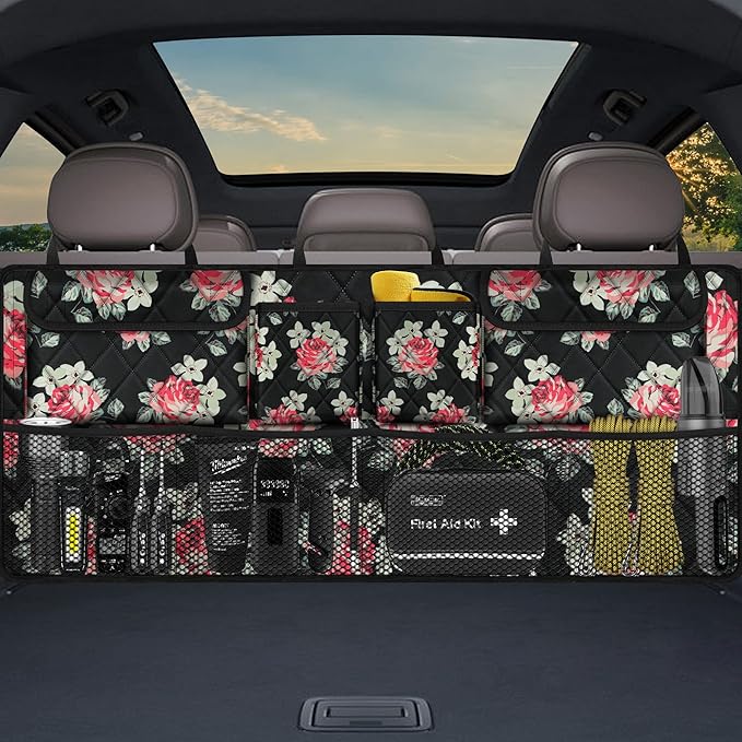 Femuar Car Trunk Organizer,Large Capacity Backseat Trunk Organizer(42"*18"),Collapsible Car Storage Bag with 8 Pocekt,Car Organizer for SUV/MPV/Truck - Floral