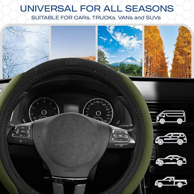 Skechers Steering Wheel Cover, Memory Foam Car Steering Wheel Cover,14.5-15inch Anti-Slip Safety Comfortable Desgin, Universal Accessory for Diverse Cars, Truck,SUV (Black & Olive)