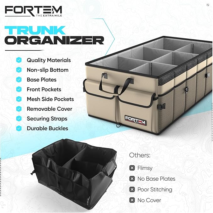 FORTEM Trunk Organizer For SUV Car Trunk Organizer, Foldable Storage, Car Accessories for Women Men, Collapsible Bag, Perfect Christmas Gifts, 600D Oxford, Non Slip Bottom, Straps, Soft Cover (85L)