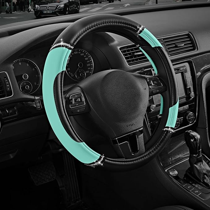 Road Comforts Leather Steering Wheel Cover - Made with PVC Leather - Anti-Slip, Universal Fit 14 1/2 inches to 15 inches - Mint
