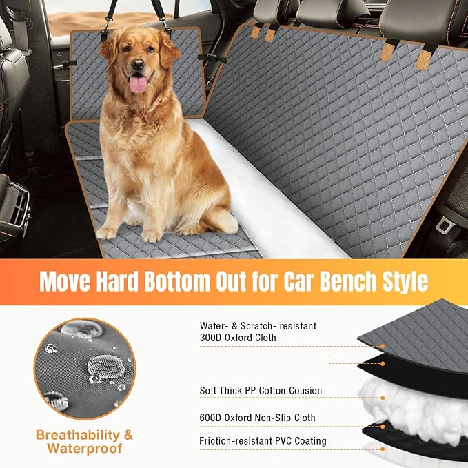 Dog Car Seat Cover for Back Seat, Hard Bottom Holds 420lbs Dog Hammock for Cars SUVs Trucks, Easy to Clean, Waterproof Scratch-Proof Nonslip Backseat Extender for Dogs 4 Panels