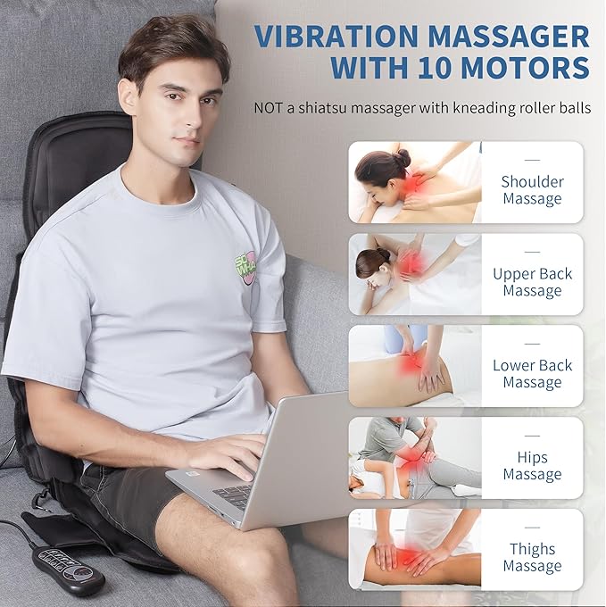 Sotion Seat Massager, Vibrating Back Massager for Chair Massage Cushion, 10 Vibrations to Relieve Stress and Fatigue for Back, Shoulder and Thighs