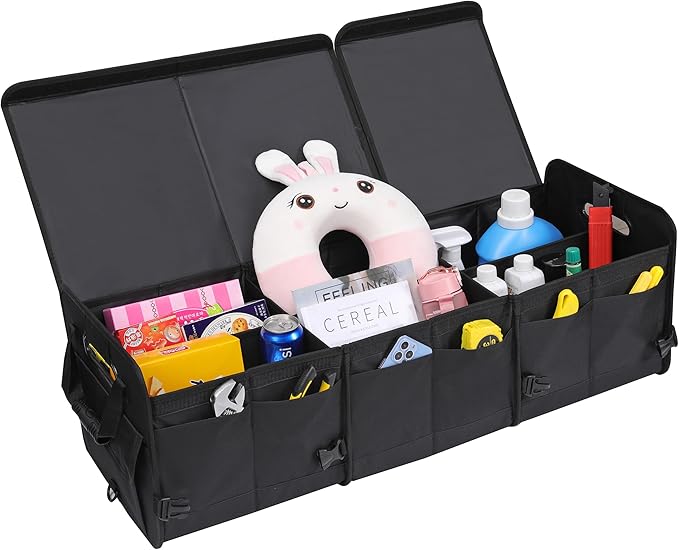 Car Trunk Organizer with Lid Storage Collapsible Multi Compartment Adjustable Straps for SUV, Truck, Sedan(Black) XL