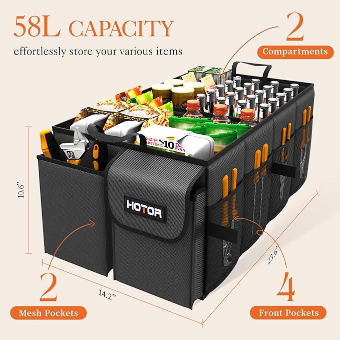 HOTOR Foldable Trunk Organizer - SUVs & Sedans, Sturdy Car Organization With 2 Compartments, Black, 23.6"×14.2"×10.6"