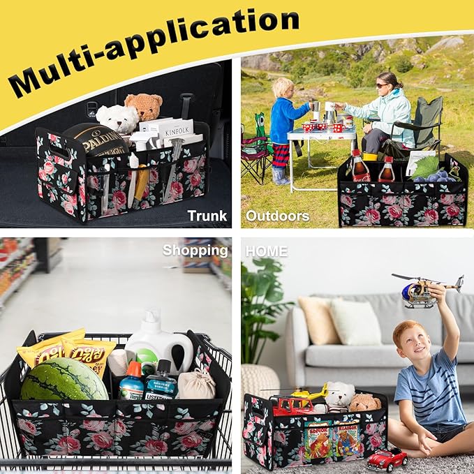 JiatuA Car Trunk Organizers and Storage Collapsible Multi Compartment Container Box, Adjustable Car Accessories for SUV Sedan Truck, Standard Size, Black Floral