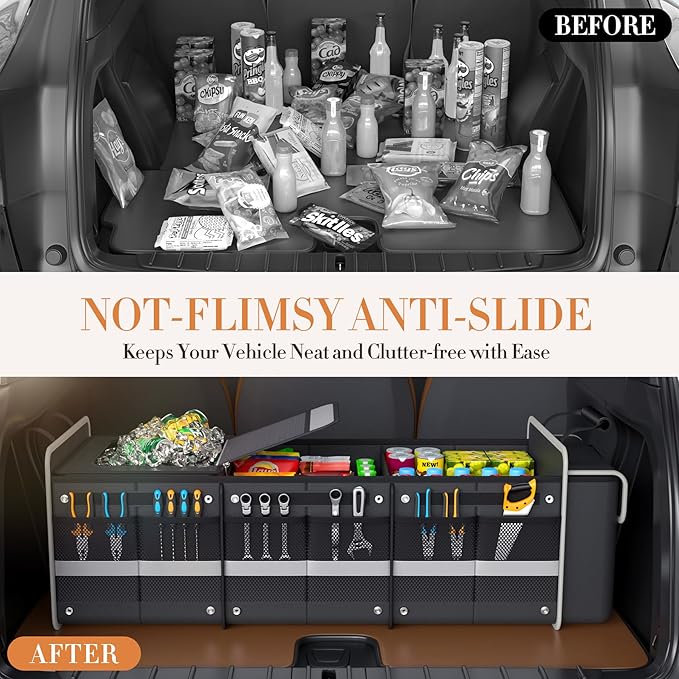 Large Trunk Organizer for SUV with Premium Portable Cooler Bag, Car Organizers and Storage with Foldable Cover, Collapsible Car Trunk Bed Organizer for Truck, 2 Retractable Straps, 90L+20L, Black-C