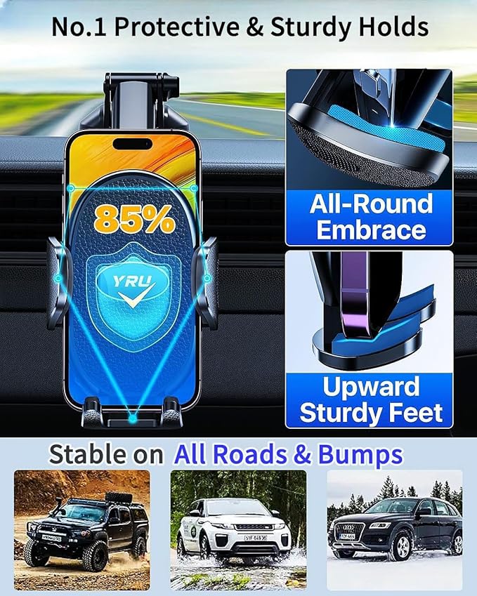 YRU Upgraded Universal Car Phone Holder Mount【360°Rotatable & Strong Suction】 Cell Phone Car Dashboard Windshield Phone Holder Dash Vent Stand for iPhone 17 16 Pro Max Samsung Truck, Black