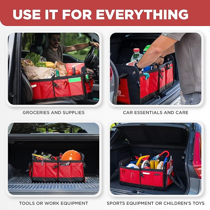 TRUNKCRATEPRO Red Car Accessories Trunk Organizer For Car, Suv Premium Multi Compartments Collapsible Portable Car Organizer For Women W 2 Adjustable straps, non-skid bottom (Large Capacity)