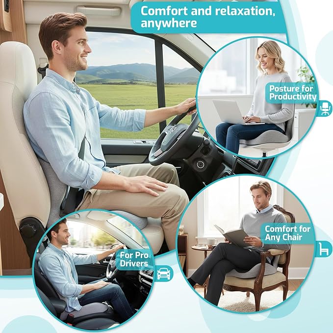 Trucker Seat Cushion, Car Seat Cushions with Lumbar Support Pillow, Ergonomic L-Shaped One Piece Memory Foam Pad for Long Driving Back Pain Sciatica Relief, Drivers Office Workers (Black+Light Gray)