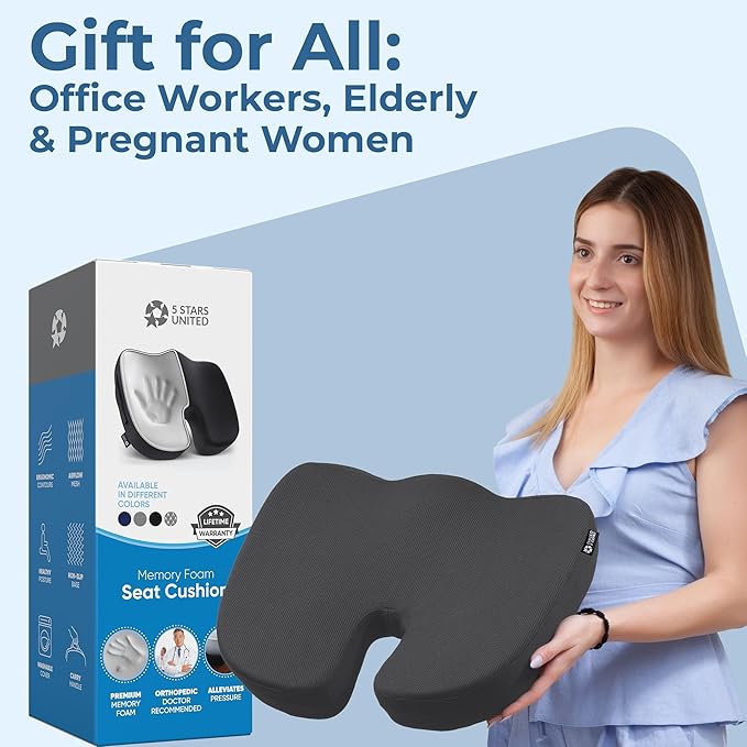 5 STARS UNITED Seat Cushion for Tailbone Pain Relief ā Memory Foam Cushion for Coccyx, Hip, Hemorrhoid, Sciatica & Post-Surgery Recovery ā Wheelchair, Car, Desk, Gaming & Office Chairs, D Gray
