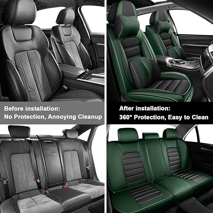 5 Car Seat Covers for Toyota Highlander 2001-2026 Breathable Leather,Waterproof Car Seat Protectors with Comfort Headrest Pillows,Automotive Vehicle Cushion with Storage Pockets (Luxury,Green)