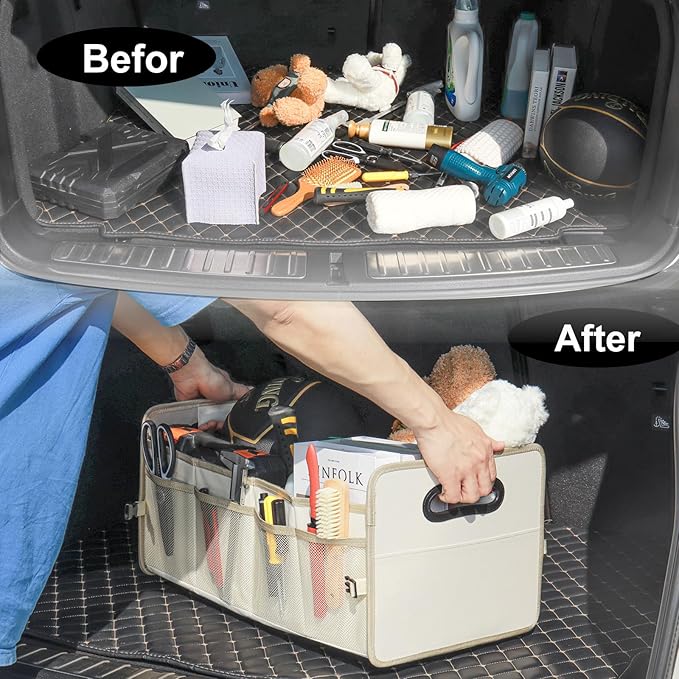 JiatuA Car Trunk Organizer, Car Organizers and Storage Collapsible Multi Compartment Container Box, Adjustable Car Accessories for SUV Sedan Truck, Standard Size, Beige