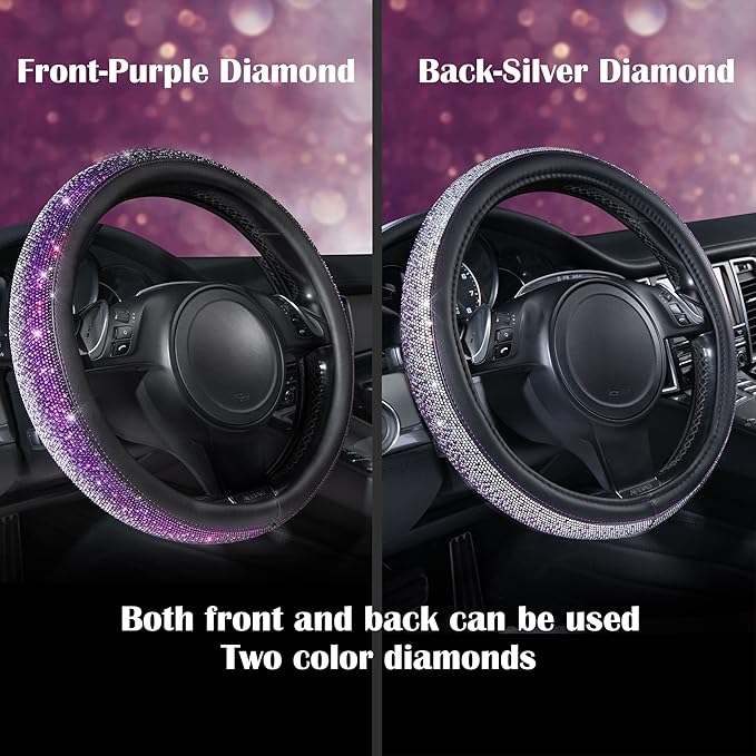 CAR PASS Bling Diamond Leather Steering Wheel Cover, Bling Sparkly Crystal Glitter Rhinestones Universal Fit 14" 1/2-15" Car Wheel Protector for Women Girl Fit Suvs,Vans,Sedans,Trucks, Purple Silver