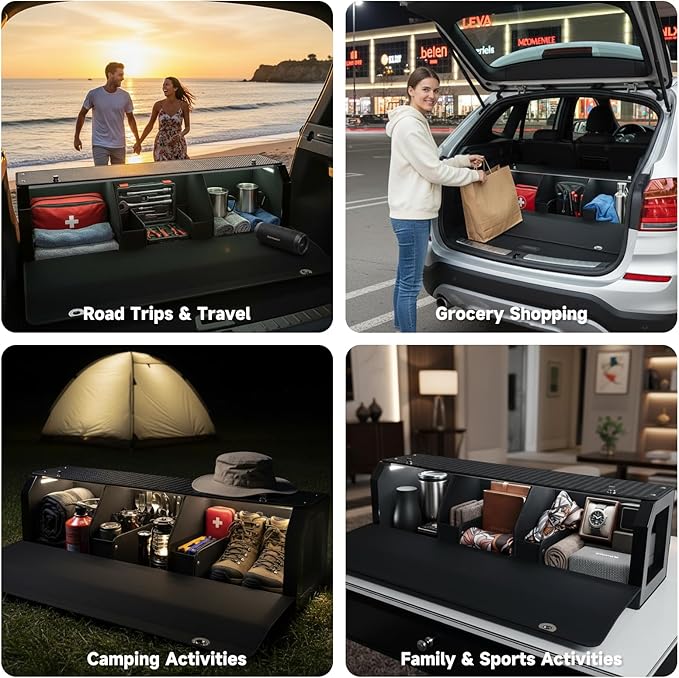 Car Trunk Organizers with LED Light, Waterproof Trunk Storage Organizer with Lid and Push-pull Handle, Sturdy SUV Trunk Storage Box Powered by 4 AA Batteries (Batteries Not Included) (42.12inch)