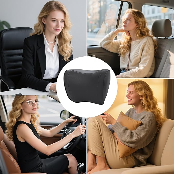 Car Headrest Pillow 100% Memory Foam, Breathable Removable Leather Cover, Premium Seat Support Head Neck Cushion for Driving Travel Home Office, Black, 2 Pack