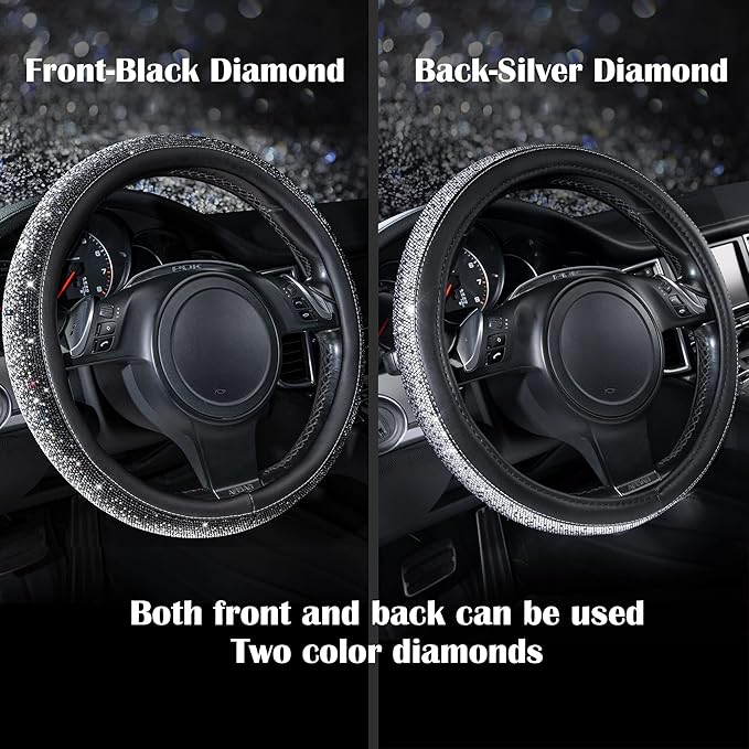 CAR PASS Bling Diamond Leather Steering Wheel Cover, Bling Sparkly Crystal Glitter Rhinestones Universal Fit 14" 1/2-15" Car Wheel Protector for Women Girl Fit Suvs,Vans,Sedans,Trucks, Black Silver