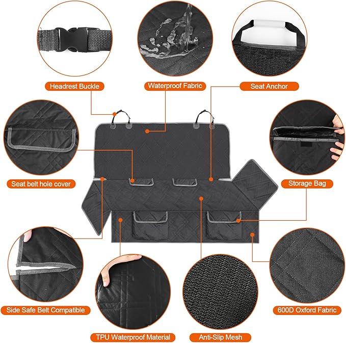 Dog Car Seat Cover Compatible with Ford Maverick/Hyundai Santa Cruz, Waterproof Pet Bench Seat Cover for Back Seat, 600D Heavy Duty Scratch Proof Nonslip Truck Seat Covers for Dogs