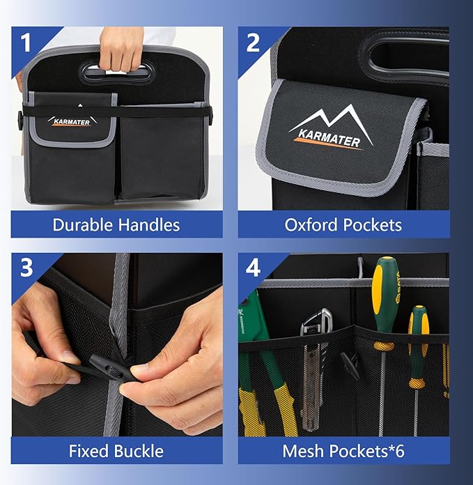 M KARMATER Car Trunk Organizer,Machine Washable PP Materials 3 Compartments Car Storage,95L Waterproof Polyester Cars Accessories Organizer and 6 Pockets, Suitable for SUV, Minivan, Truck(Black)