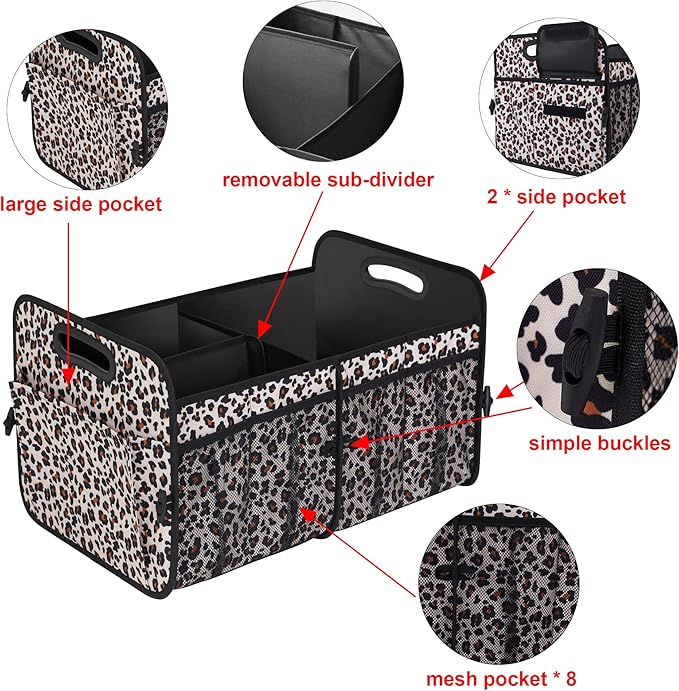Femuar Car Trunk Organizer, Large Capacity Collapsible Trunk Storage with 11 Pockets, Waterproof, Non-Slip, Suitable for Car, SUV, Truck, Van, Jeep, Sedan, Leopard Print