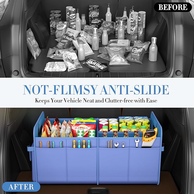 Trunk Organizer For Suv & Sedan,Car Organizers and Storage, Waterproof Collapsible & Adjustable Straps,75L Sturdy Car Organization for Car Accessories, Tools,Sundries,2-3 Compartment(Blue)