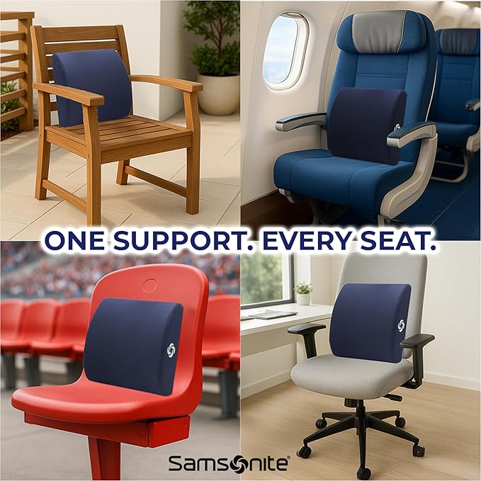 Samsonite Ergonomic Lumbar Support Pillow for Office Chair and Car Seat - Memory Foam Back Support Lumbar Pillow Premium Cushion Chair Support for Lower Back Pain Relief and Versatile Use (Dark Blue)