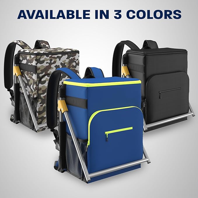 Insulated Backpack Cooler with Foldable Seat - 40 Cans, 24 Hour Cooling, Breathable Straps, Lightweight Leak Proof Liner, Portable Cooler Backpack Bag for Men Women Beach Travel Camping Picnic Hiking