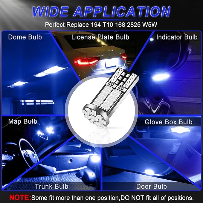 10Pcs Super Bright 194 T10 168 2825 W5W 34-SMD 3014 Chipsets Replacement LED Bulb for Car Trunk Interior Dome Map Door Courtesy License Plate Lights - Blue