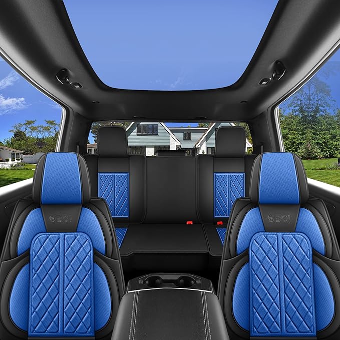 Car Seat Cover Custom Fit for Dodge Ram 1500 2500 3500 2002-2026 Faux Leather Seat Cover Set Compatible with Crew Quad Regular Cab Pickup Truck Cushions (Black & Blue, Full Set, Curved Rear)
