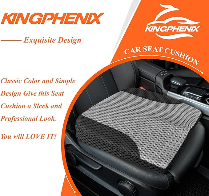 kingphenix Premium Car Seat Cushion, Memory Foam Driver Seat Cushion to Improve Driving View- Coccyx & Lower Back Pain Relief - Seat Cushion for Car, Truck, Office Chair (4D Mesh Gray & Black)