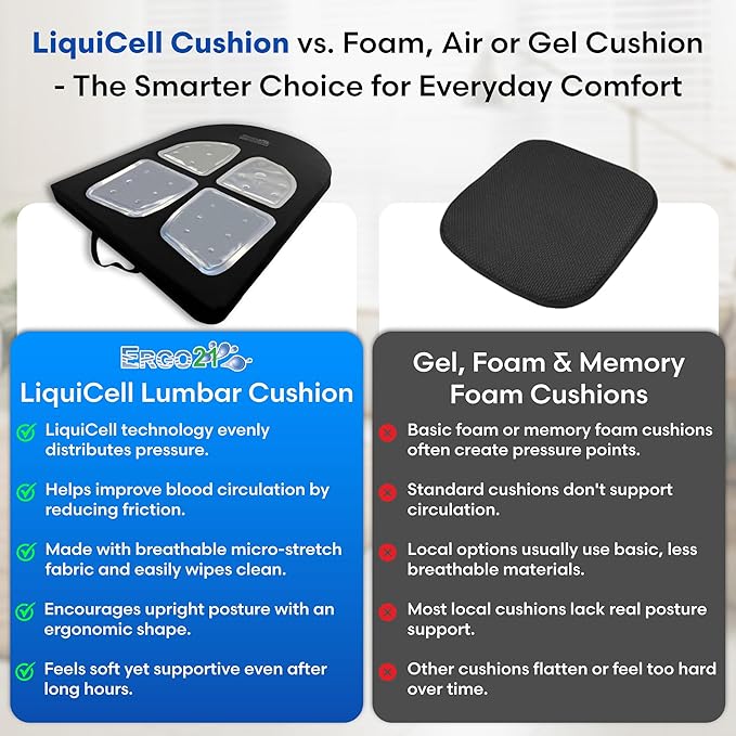 ERGO21 Lumbar Support Pillow for Office Chair, Car, Driving Seat, Auto, Lower Back Pain | Great Back Support with Liquid Filled Membranes | Small Size, (18" W x 18”x 1.5”)