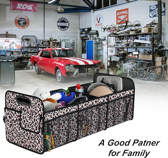 Femuar Collapsible Trunk Organizer - 90L Large Capacity with 15 Pockets, Waterproof for SUV/Car/Jeep/Sedan, Extra Large Leopard Print